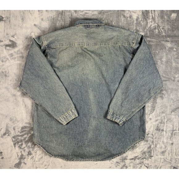 Vtg Bugle Boy Jean Co Denim Button Up Shirt Snap Button Men's XL Elbow Patch - Picture 2 of 8